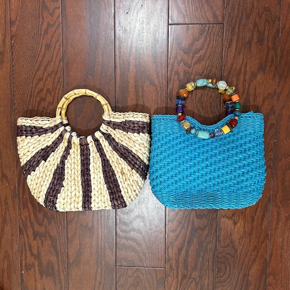 Lot of 2 straw woven bags summer beach aqua tan Capelli Austin Clothing Co. - Picture 1 of 6
